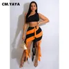 Tweedelige jurk CM.YAYA Mode strand damesset met kwastje, gestreepte midi-rok en crop-top met één schouder, sexy feestoutfit Twee 2-delige set 230629