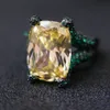 With Side Stones KQDANCE Cushion Cut Created Big Yellow Citrine Diamond Rings for Women With Green Zircon Stone Black Gold plated Jewelry 230629