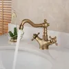 Badrumsvaskkranar Jieni Swivel Antik mässing Kökskran Basin Mixer Tap Dual Handtag Deck Mount Stream Rotated Cold Water