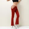 Pantalon femme couleur unie Sexy découpé mince Fitness coton creux évasé Streetwear cloche bas pantalon bas