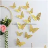 Wall Stickers 12Pcs/Lot 3D Hollow Butterfly Sticker 3 Sizes Gold Pink Sier Butterflies Removable Decals Decor Drop Delivery Home Gard Dhh2P