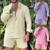 Tinta unita da uomo 2023 primavera nuova camicia a maniche lunghe hawaiana allentata pantaloncini a due pezzi tuta da uomo moda tuta da uomo