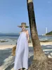 Casual Dresses for Women 2023 Summer Blue Halter Pleated Long Dress Loose Backless Sexy Club Robe Femme Simplicity Trend