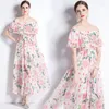 Casual Dresses Vintage Dress 2023 Spring and Summer Style Ruffle One-Line Collar Beach Split Chiffon Stor gunga för kvinnor