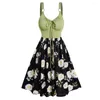 فساتين عادية Colorblock Daisy Leaf Print Mini Dress Lace Up O Ring Strap High Waist