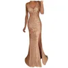 Robes décontractées Sexy longue robe de soirée en or col en V paillettes sans manches élégante robe de soirée demoiselle d'honneur Promfloor femmes