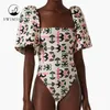 Women's Swimwear Fashion Print Bikinis Chic Puff Sleeve Swimsuits One-piece Summer Beachwear Ruffle Women Bathing Suits Swimming Biquini