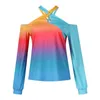 T-shirt da donna colorate a maniche lunghe con scollo incrociato top abbigliamento casual a pieghe allentato top corto da donna abito da festival