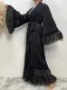 Etniska klädmodemmode spetsar sömmar muslimska abaya dubai full längd flare hylsa kalkon islam mantel med bälte wy1391 230629