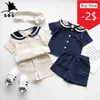 Kläder sätter japanska och koreanska björn humör Navy Style Kids Sailor Collar Cotton Linen T Shirt Pants 2st Summer Clothes Set Boys Girls Post 230630