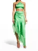 Werk Jurken Vrouwen Zomer 2 Stuks Ruffle Trim Rok Past Chique Hals Mouwloos Tie-Up Halter Crop Camis Tops Gewikkeld Onregelmatige Lange Rokken