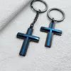 Keychains Classic Crucifix Pendant Mens Keychain Personality Creative Double Layer Blue Color Cross Key Ring Christian Believers Jewelry