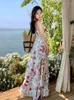 Casual Dresses Summer Floral Dress French Printed Beach Long Ladies Slim Chiffon Ruffles Layer Robe Vestidos