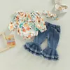 Ensembles de vêtements 3pcs bébé filles automne tenue mignonne belle à manches longues barboteuse florale denim pantalon évasé bandeau costumes pour tout-petit 230630