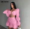 Vestido de dos piezas CM.YAYA Conjunto de dos piezas para mujer Conjuntos elegantes Tops cortos con mangas de linterna y minifaldas de sirena con volantes Conjunto a juego Otoño 230629