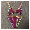 Swim wear Female Blue Swimwear Black Crochet Elastic Bikini Set Sexy Women Handmade Crochet Purplish Red Patchwork Swimsuit Knit Biquini 230629