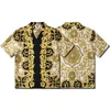 Mäns klänning skjortor sommarblommor tryck guld kort ärm knapp upp skjortan män hawaii semester strand casual hawaiian camisas para hombre 230629