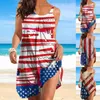 Vestidos casuais femininos verão decote redondo solto sem manga dia da independência 3D impressão digital faixa saia vestido de praia mulher elegante