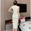 Casual Dresses Korean Women V-Neck Maxi Dress Sexy Sleeveless Knitted Long Fashion Black Elegant Office Lady Slim Stretch P501