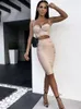 Tweedelige Dres Zomer Sexy Mouwloze V-hals Knop Beige Roze Mini Bodycon Bandage Set 2023 Elegante Avond Club Party Outfits 230630