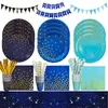 Disposable Dinnerware Blue Gold Black Disposable Tableware Sets Plate Cups Straws Banner Wedding Birthday Baby Shower Party Tableware Decorations 230629