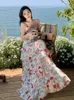 Casual Dresses Summer Floral Dress French Printed Beach Long Ladies Slim Chiffon Ruffles Layer Robe Vestidos