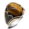 With Side Stones Vintage Men's Ring with Tiger Eyes Stone 925 Sterling Silver Natural Original Gemstone Ring Gorgeous Women Turkey Jewelry Gift 230629