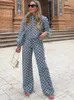 Kvinnors spårningsdräkter Traf Woman 2 Pieces Pants Set 2023 Fashion Print Blus Tops Straight Casual Two Piece Set Womens Suit 230630