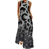 Abiti casual Donna Estate senza maniche Stampa scollo a V Maxi abito ampio Boho Beach Long Sundress con tasche J Gee