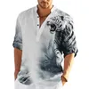 Men's Shirt Linen Shirt Animal Wolf Graphic Prints Stand Collar Outdoor Street Long Sleeve Print Clothing Apparel Linen Fashion Streetwear Designer Casual