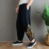 Pantalones activos Primavera Hombres Pantalones de chándal Lino Embroid Suelto Secado rápido Pierna ancha Bloomer Baggy Running Jogger Entrenamiento Casual Gimnasio Pantalón Ropa deportiva