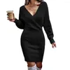 Casual Dresses Women Mini Dress Lace Solid Color Backless Ladies Long Sleeve V Neck Elegant For Daily Wear