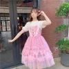 Vestidos Casuais Aluno Japonês Vestido Sweet Lolita Renda Vintage Laço Estampado Bonito Vitoriano Cintura Alta Gótico Jsk Kawaii Girl