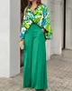Dostyki dla kobiet mody mody z rękawem Batwing szerokie nogi kobiety dwuczęściowe wyprzedzenie setowe jesienne ubrania zielone eleganckie koszulę biurowe 2 230629
