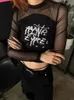 Kvinnors T-skjortor Kvinnor Mesh SeaThrough Black Female Harajuku Sexig långärmad Tee Tops Eesthetic Street Y2K-kläder
