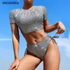 Damen Bademode Badeanzug Damen 2023 Bikini mit Kurzarm Bademode Bikinis Sets O-Ausschnitt Badeanzug für Damen Beachwear Lace Up Biquinis