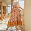 Faldas Mujer Bohemio Cintura alta Larga A-line Falda completa Estampado floral Cordón Maxi Moda Calle Mujer