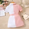 Flickor klänningar Prowow 2 6y barn S Girls Pink White Patchwork Polo Shirt Dress for Bluses With Belt Summer Kids Clothes 230630