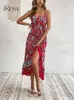 Vestidos casuais femininos elegantes vestidos de verão 2023 estampa floral sem mangas cintura elástica babados bainha praia vestido de férias roupas femininas