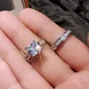 Anéis de Casamento Brilhantes Feitos à Mão Jóias de Luxo Prata Esterlina 925 Corte Princesa Branco Topázio CZ Diamante Pedras Preciosas Festa Eternidade Feminina Conjunto de Anel de Noiva Presente