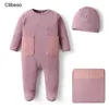 Barboteuses 2023 Baby Girl Tight Cotton Footies with Hats Blankets born Waffler Pockets Clothes 230630