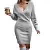 Casual Dresses Women Mini Dress Lace Solid Color Backless Ladies Long Sleeve V Neck Elegant For Daily Wear