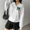2023 Kvinnors hoodies nomikuma koreansk bokstavsdragning av vändning av krage tröja toppar kausal långärmad höst mode kvinnor jumper