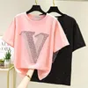 T shirt women designer Cotton TShirt womens tops Applique Shiny diamond Summer female t shirt black pink womens T-Shirt clothing Tshirt Shirt Femme Grils Plus Size 4XL