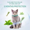 A coleira para pulgas e carrapatos protege contra picadas de insetos, ajustável para cães e gatos, fórmula integrada à base de plantas e proteção de 8 meses