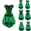 Kvinnor Burlesque Corset Kjol Set Club Party Dancing Outfit Green Overbust Corset med flockad hi-lo kjol plus storlek S-6XL Corset D2931