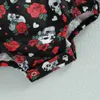 طقم ملابس مكون من قطعتين لزي الهالوين للفتيات الصغيرات باللون الوردي وطباعة جمجمة ورقبة مربعة وكشكشة ومجموعة عصابة رأس للأطفال الرضع J230630