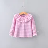 Barnskjorta Spring Baby Girls Full Sleeve Blue Children Checkered Ruffles Collar Shirt Top Kids Flare Jumper Clothes 230628