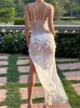 Casual Dresses Women 3D Flower Trim Sheer Mesh Long Dress 2023 Summer Sleeveless V Neck High Split See Through Beach Club Sexy