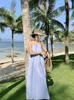 Casual Dresses for Women 2023 Summer Blue Halter Pleated Long Dress Loose Backless Sexy Club Robe Femme Simplicity Trend